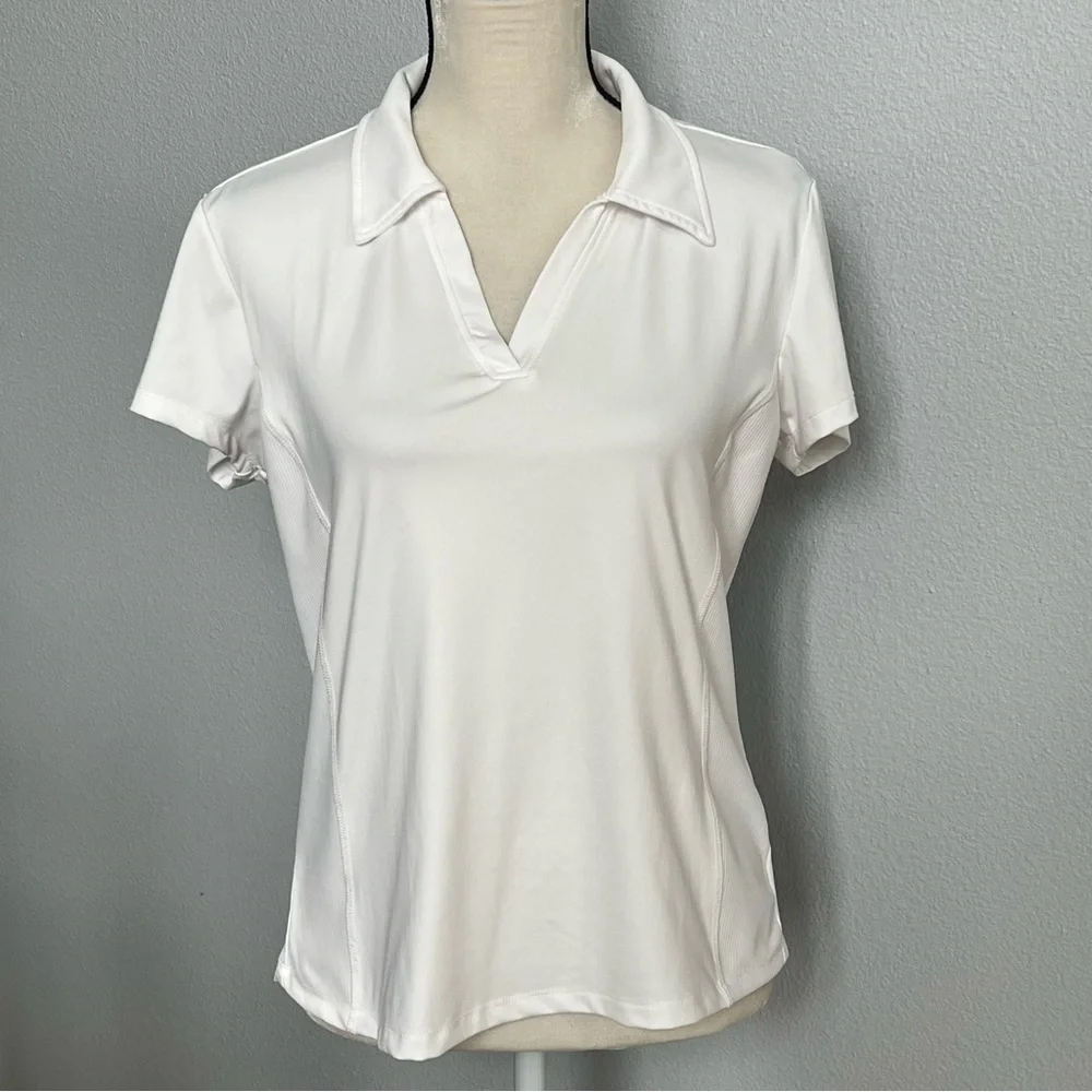 Marika White V-Neck Short Sleeve Athletic Polo Shirt Size Large